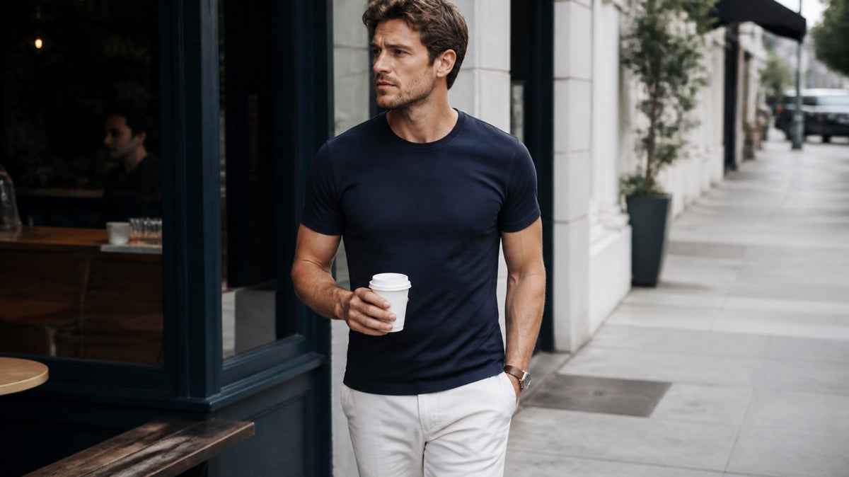 Man in a navy engineered cotton t-shirt stepping out for morning coffee