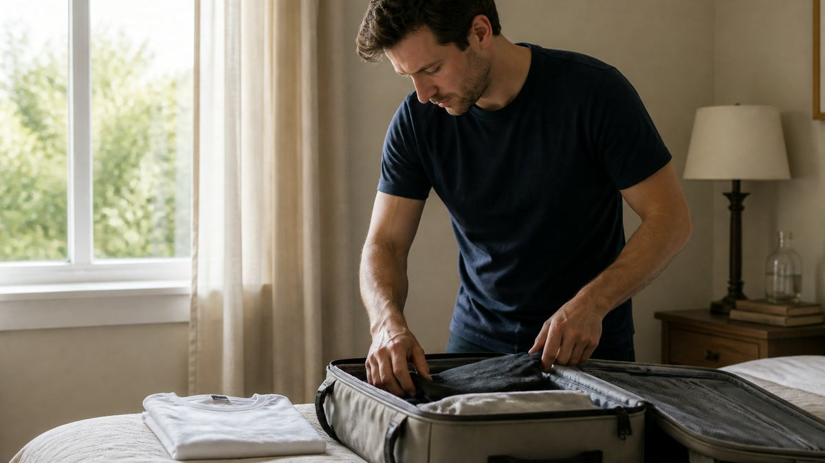 Man in a navy crew-neck tee packing a carry-on by a bright window, folded white tee on the bed