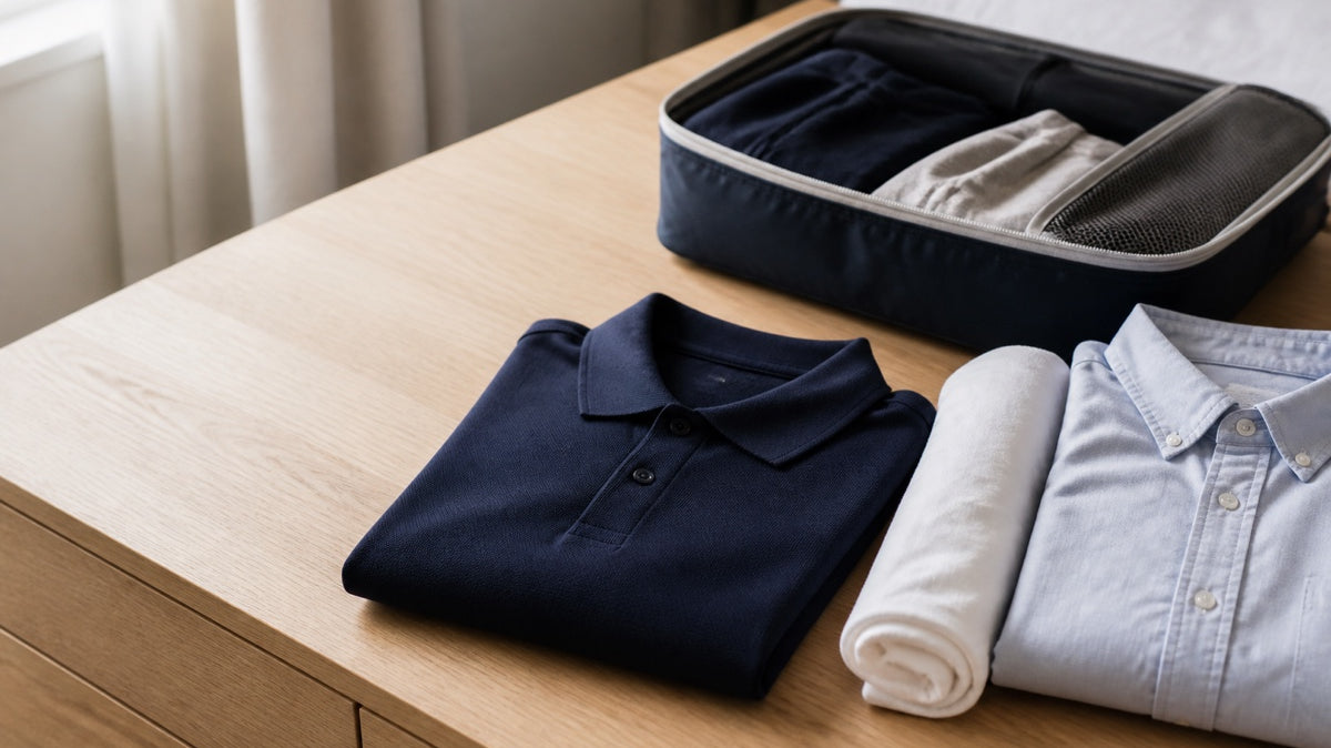 A folded navy pique polo, rolled white tee and button-down shirt beside a packing cube