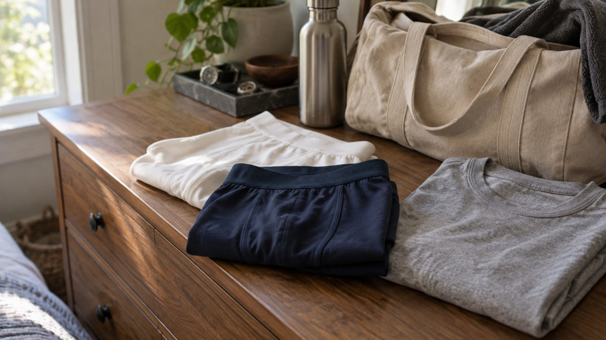 Folded navy and off-white men's boxer briefs on a dresser with a gym bag and water bottle