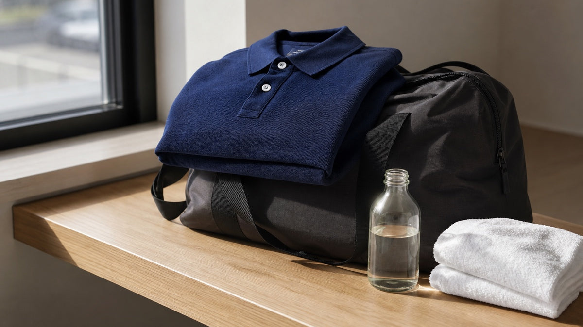 TexTale editorial cover: a folded navy anti-odor polo on a charcoal gym bag beside a bottle of white vinegar and a towel
