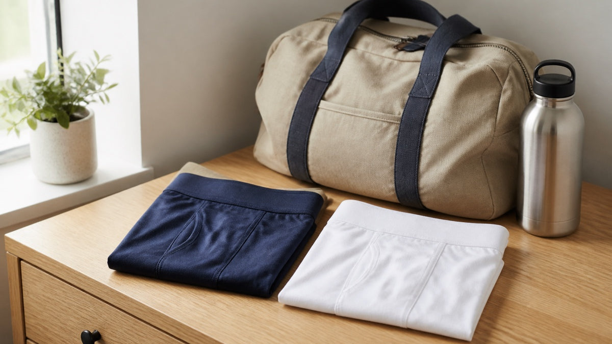 Folded navy and white men's boxer briefs beside a packed gym bag in soft morning light