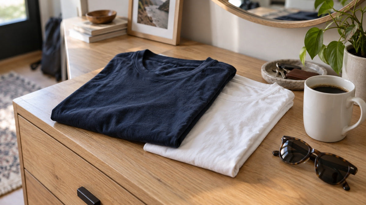 Folded navy and white t-shirts on a wood dresser with a coffee mug and sunglasses in morning light