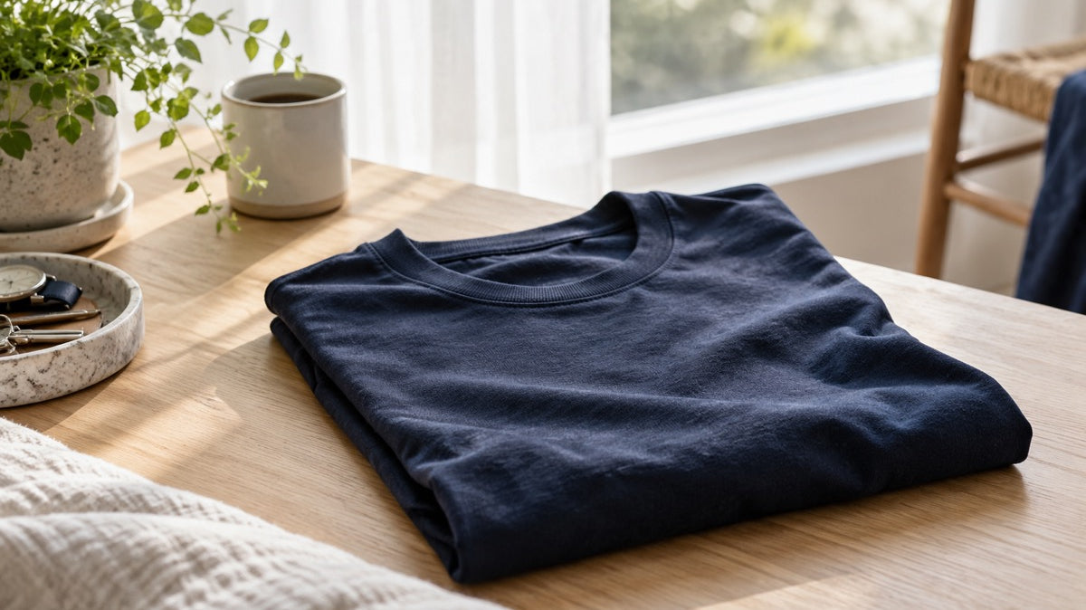 A folded navy t-shirt on a light wood table by a bright window