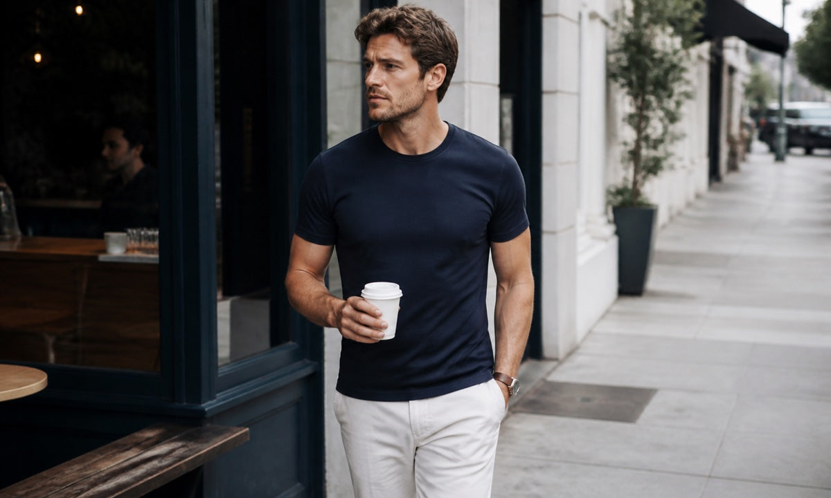 Man in a navy engineered cotton t-shirt stepping out for morning coffee