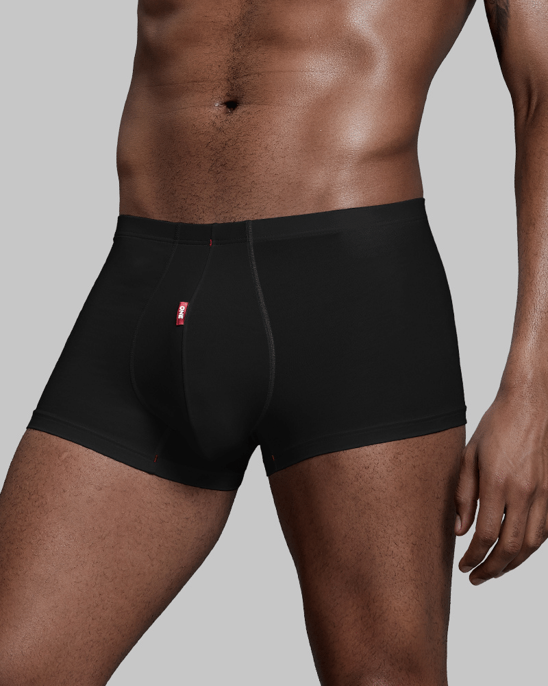 Two premium men's boxer briefs compared, one modal blend with branded waistband and one mesh-knit anti-odor trunk