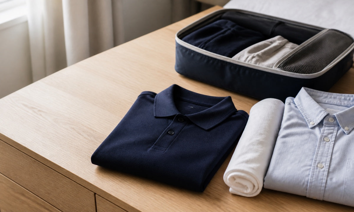 A folded navy pique polo, rolled white tee and button-down shirt beside a packing cube