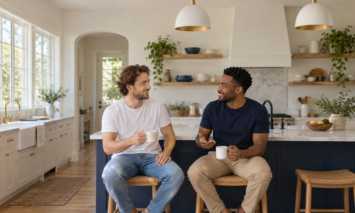 Illustrative unbranded scene of two men in plain white and navy T-shirts talking in a bright home kitchen.