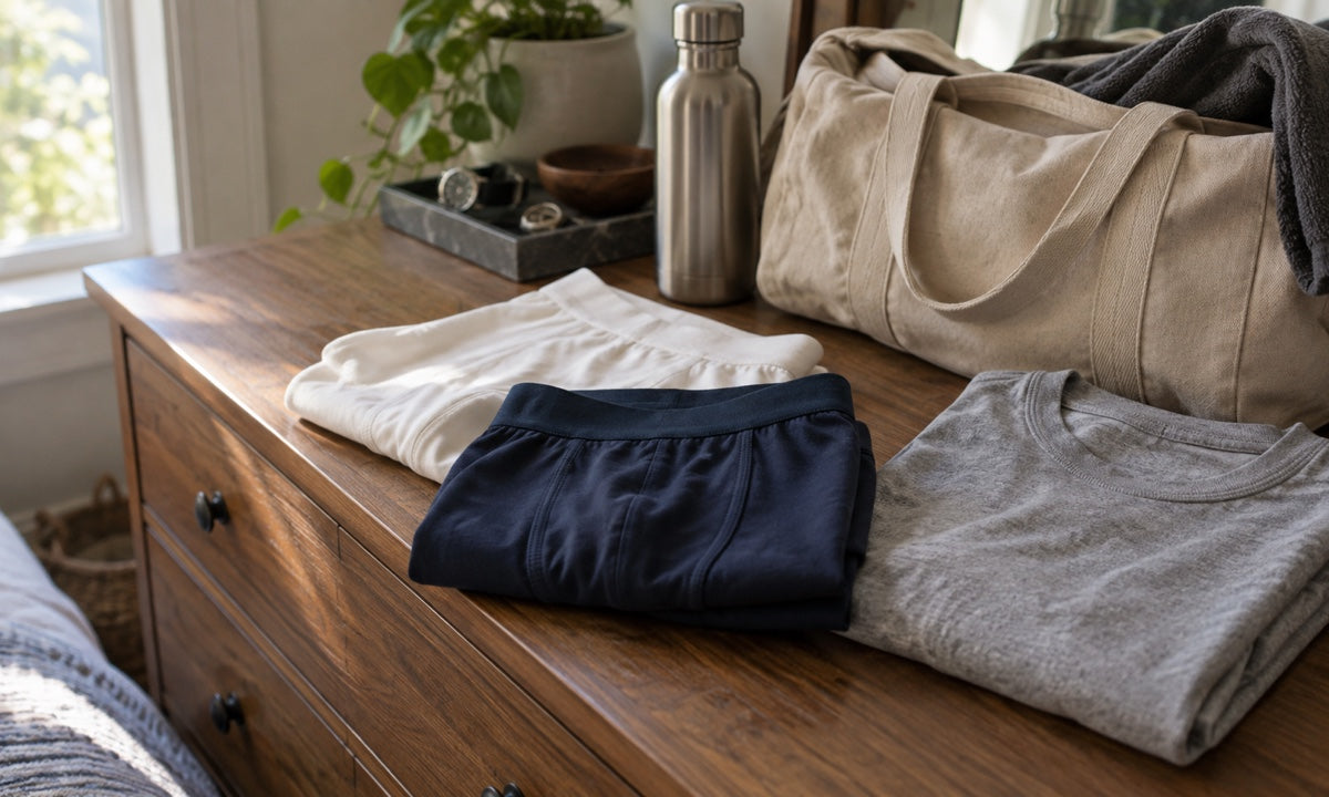 Folded navy and off-white men's boxer briefs on a dresser with a gym bag and water bottle