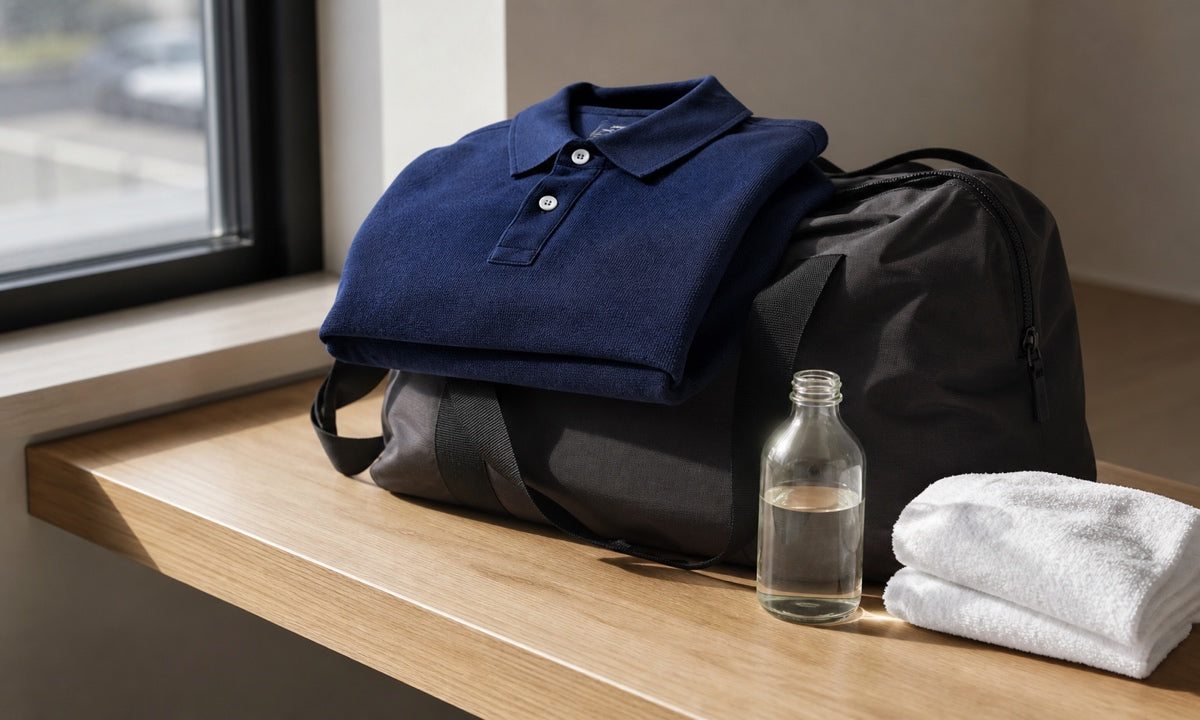TexTale editorial cover: a folded navy anti-odor polo on a charcoal gym bag beside a bottle of white vinegar and a towel