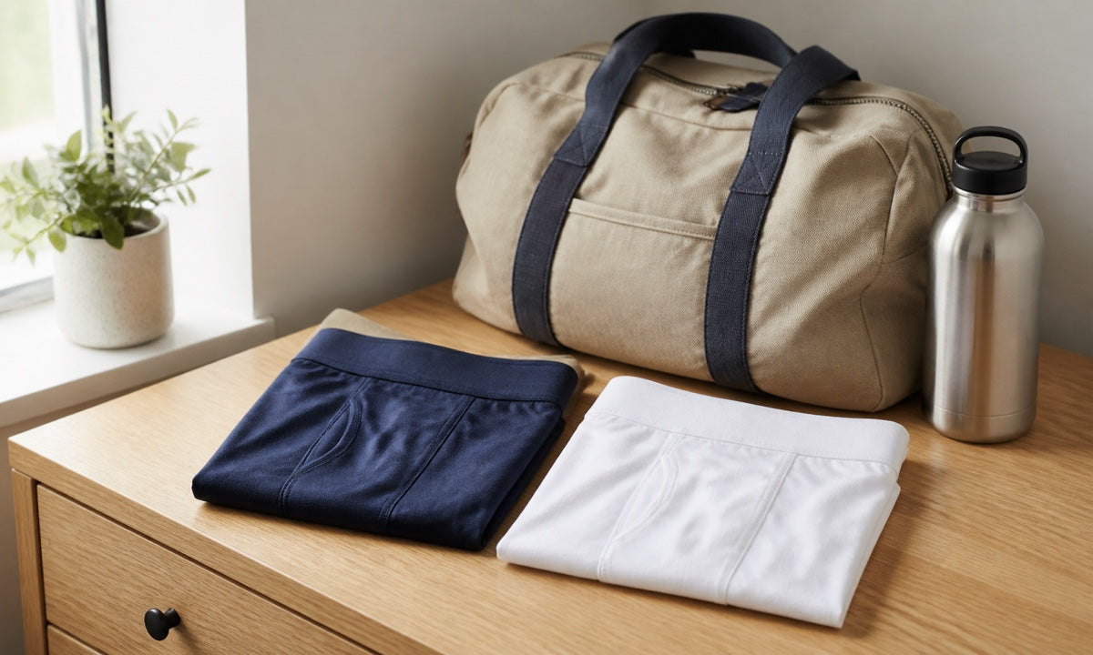 Folded navy and white men's boxer briefs beside a packed gym bag in soft morning light