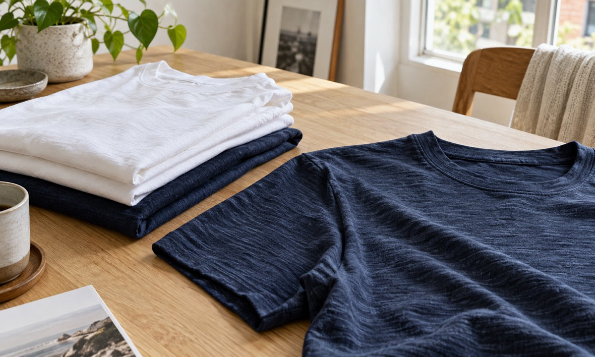 Folded navy and white cotton t-shirts with visible slub texture on a wood table in soft window light