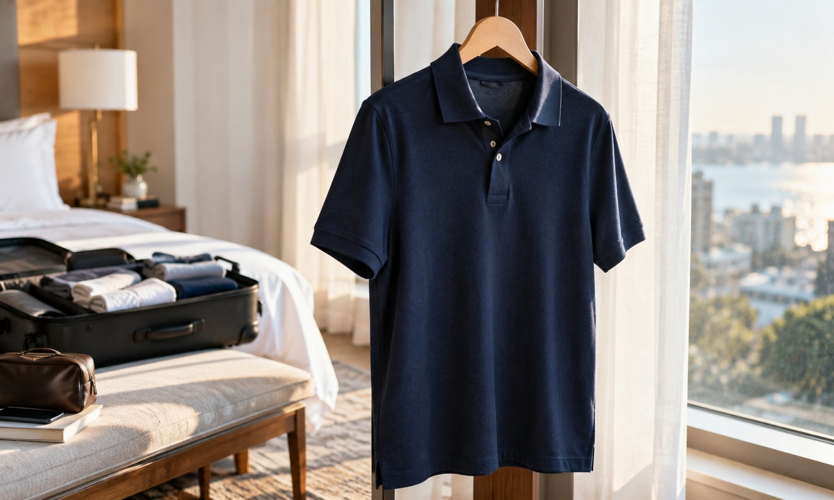 A crisp navy polo shirt on a hanger by a window with a packed carry-on nearby