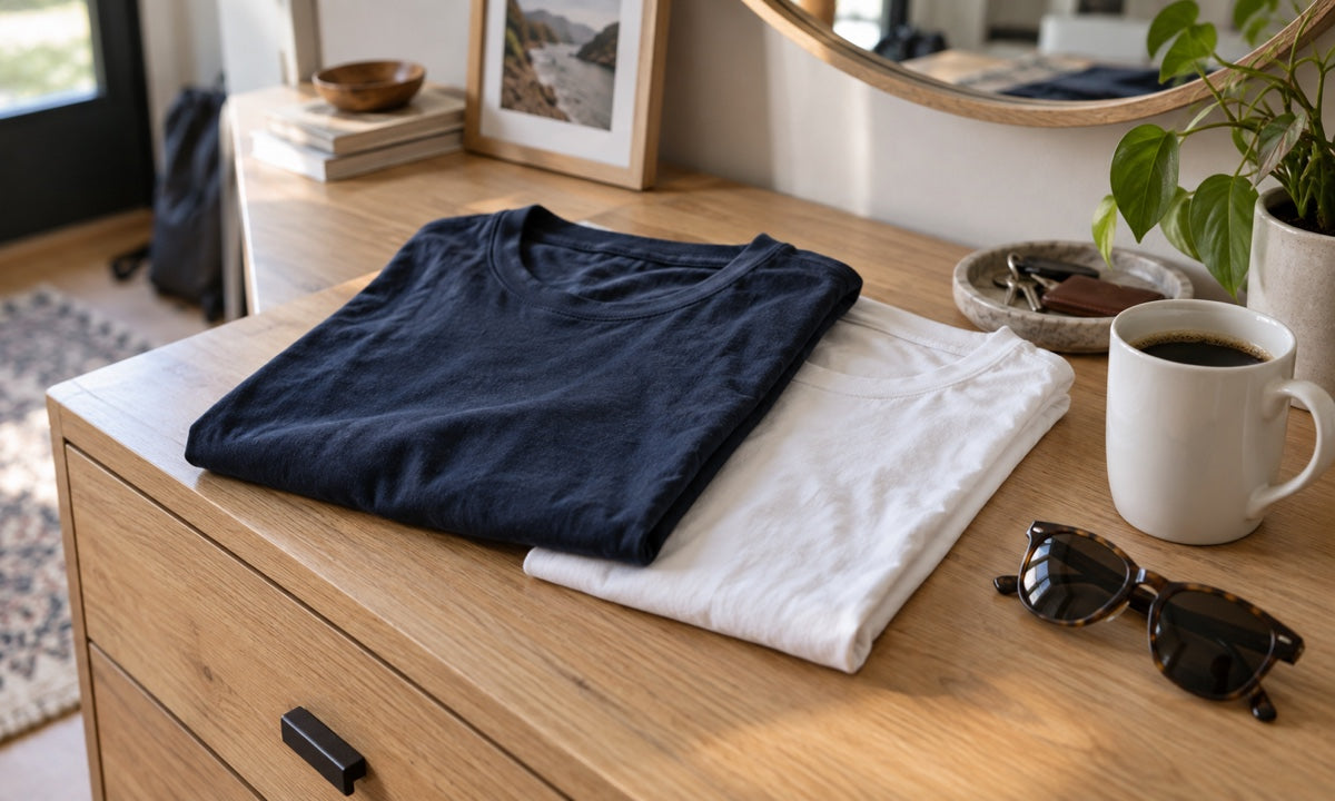Folded navy and white t-shirts on a wood dresser with a coffee mug and sunglasses in morning light