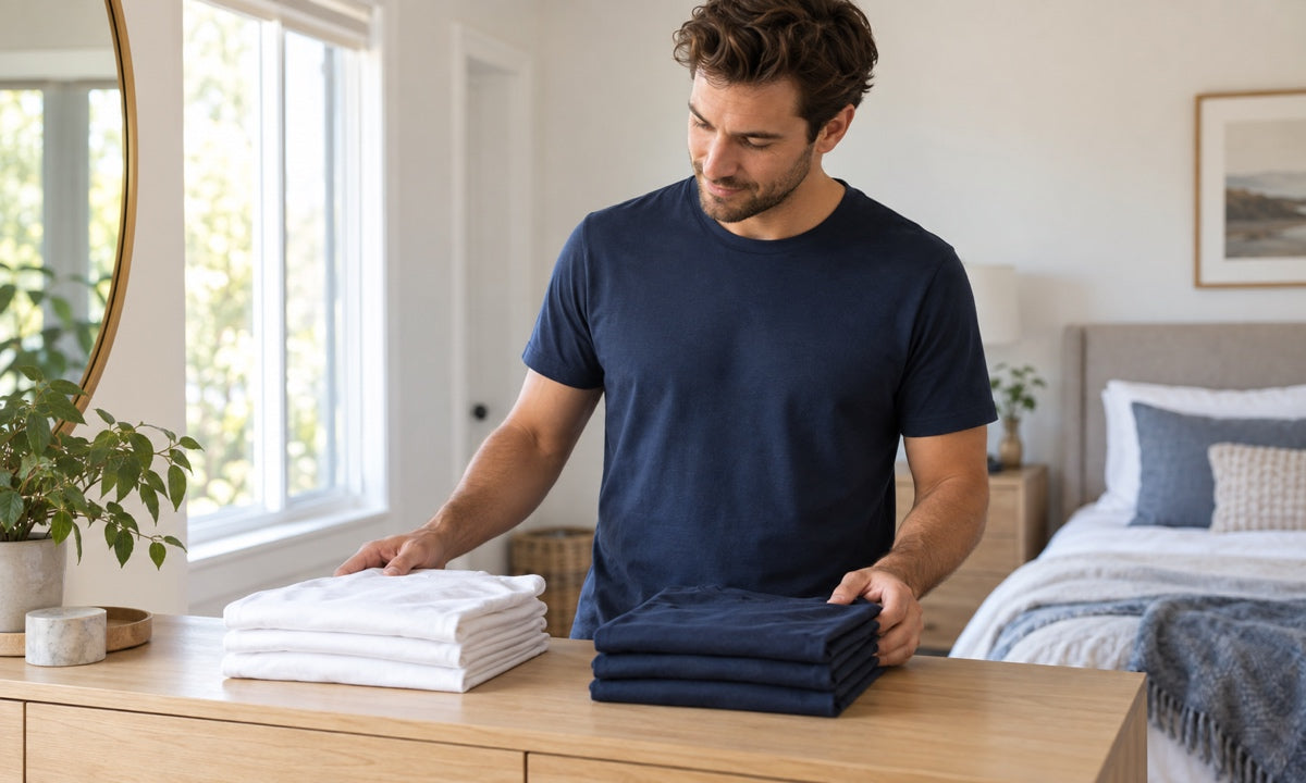 Man in a navy crew-neck tee comparing folded white and navy t-shirts on a wood dresser