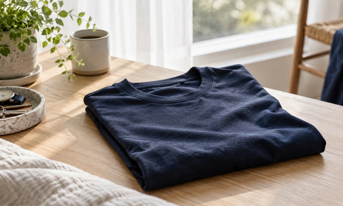 A folded navy t-shirt on a light wood table by a bright window