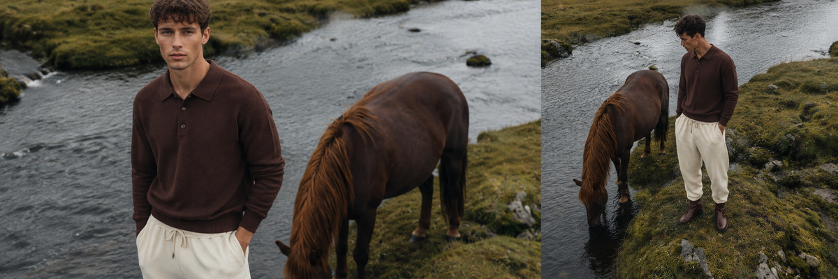 Man in brown knit polo by a river - fall collection