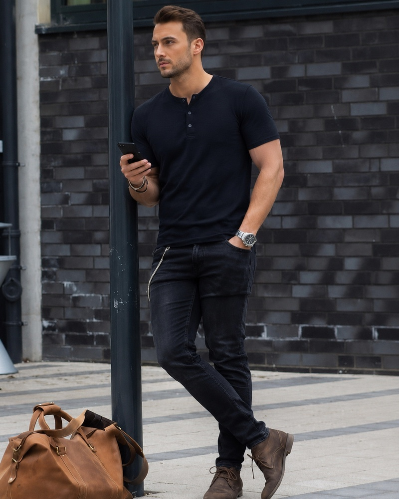 Influencer candid in ink Henley