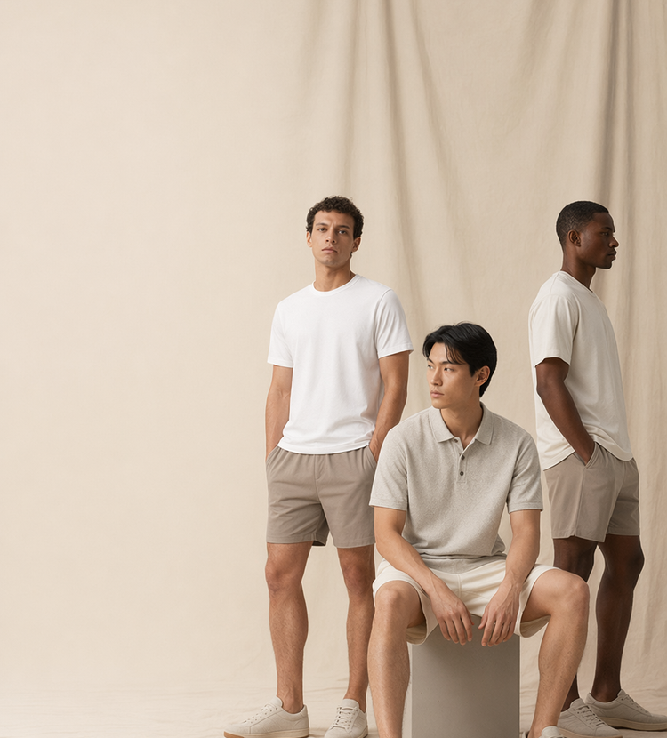 Three men in TexTale loungewear, studio backdrop
